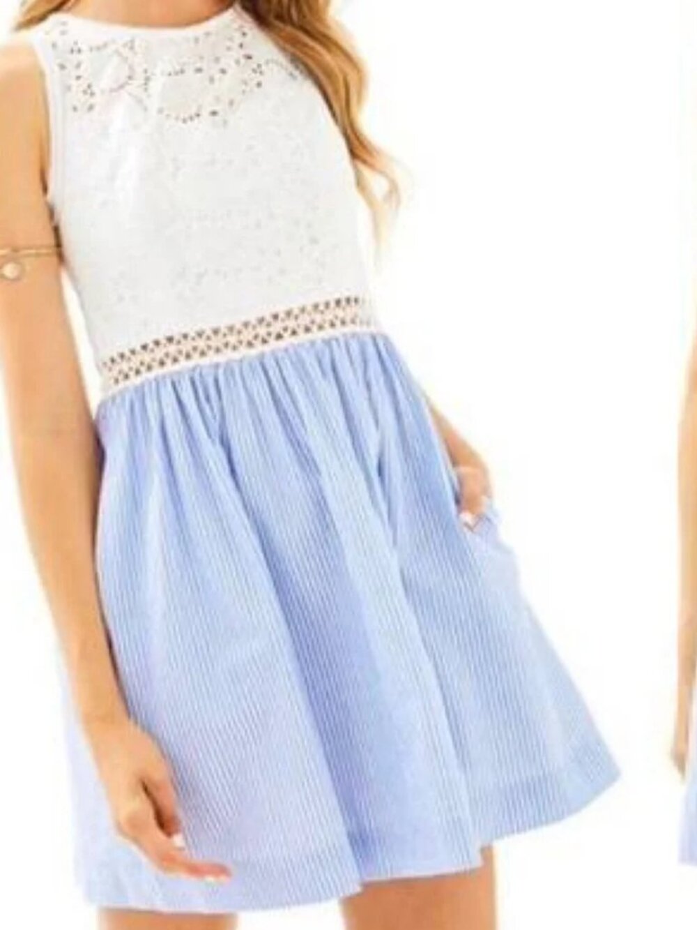 Lilly Pulitzer Alivia Fit & Flare Eyelet Lace Seersucker Blue White Dress Size 2